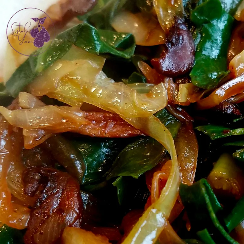 Source: Sistah of the Yam, LLC / Image of cabbage, collards, and mushrooms zoomed in.