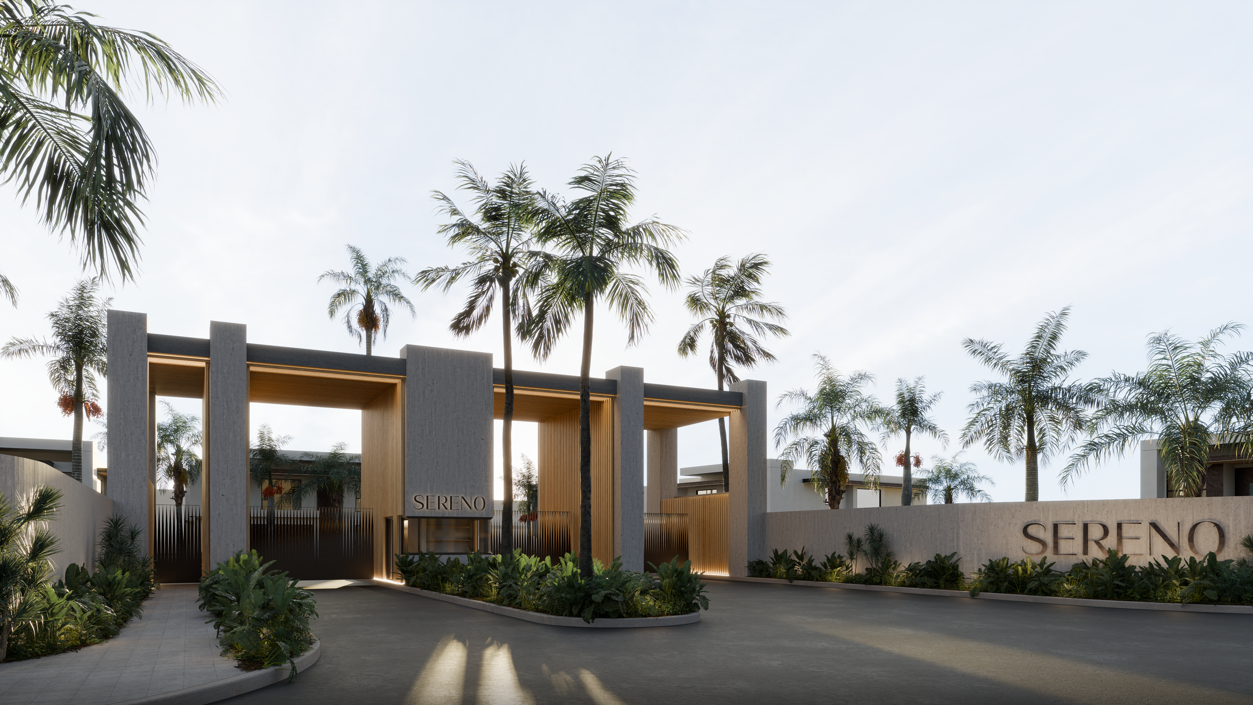 Modern gated entrance to Sereno residential community with tall concrete and wood structures, palm trees, and landscaped greenery.