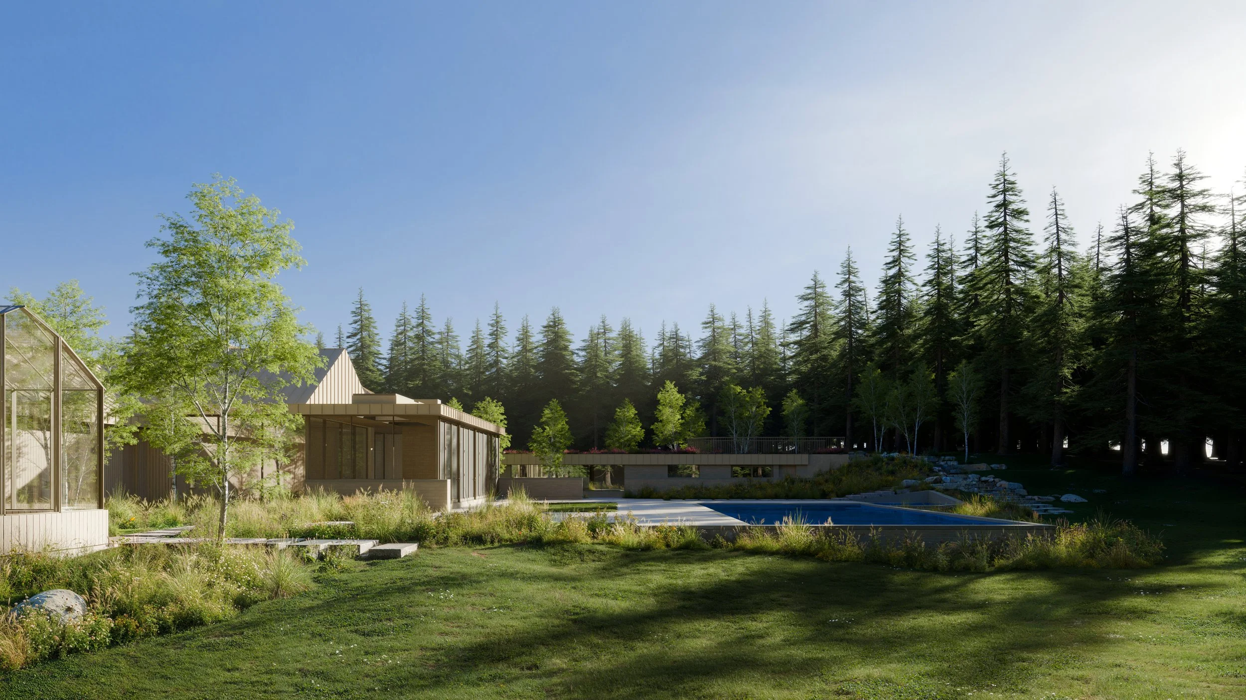 Modern house with large glass windows in a lush green landscape, surrounded by trees, with a pathway and a swimming pool nearby.