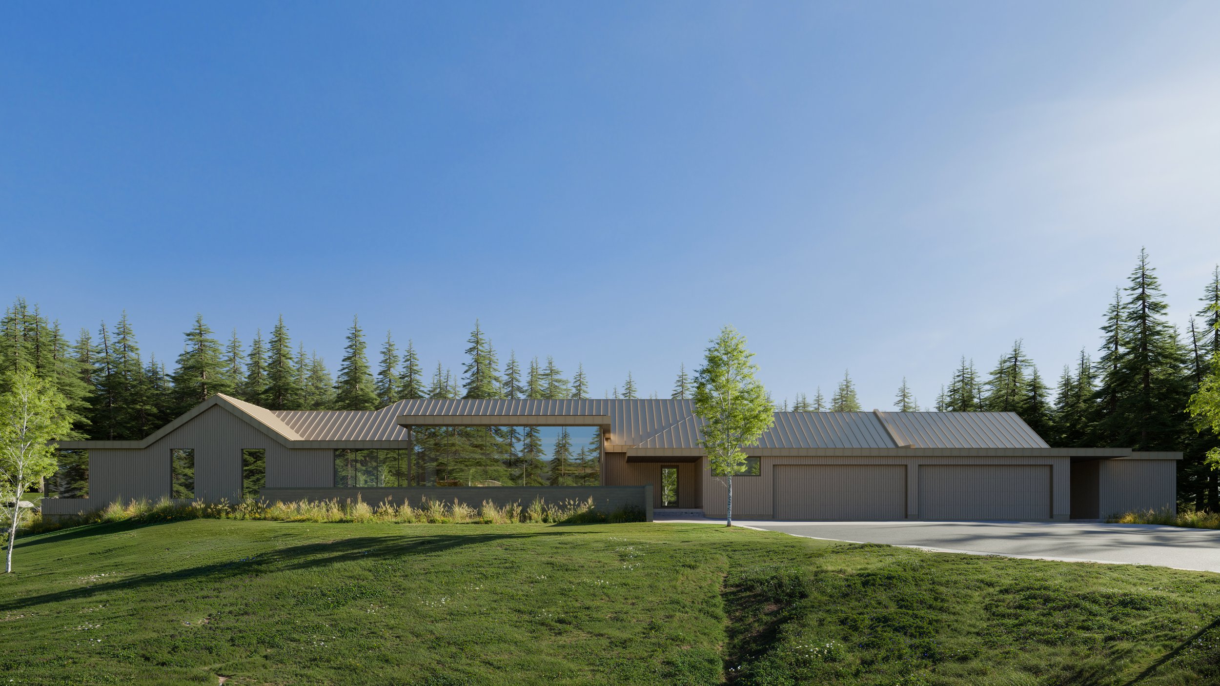 Modern house with large windows, metal roof, and three garage doors, surrounded by green lawn and trees, under a clear blue sky.