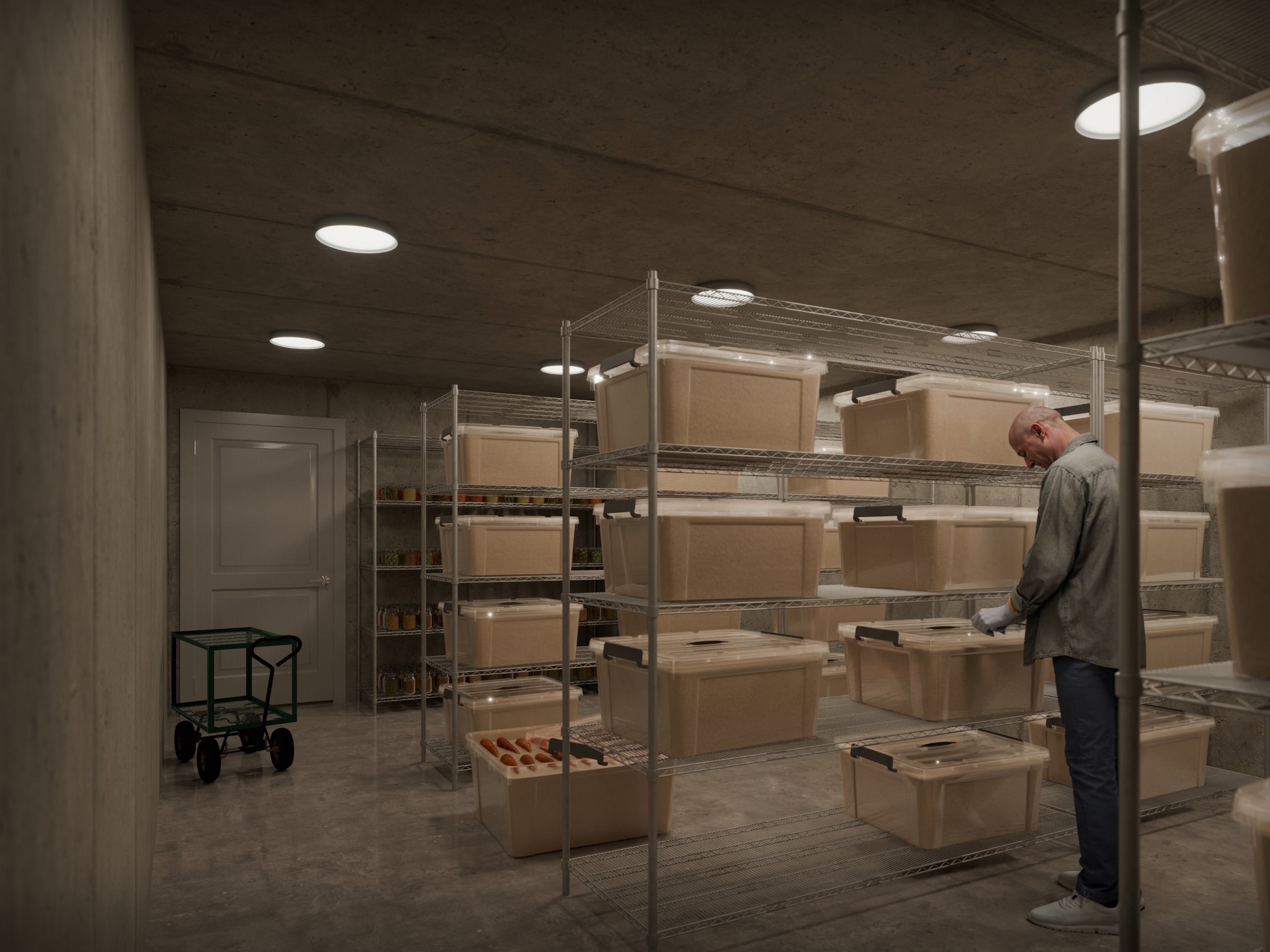 A person standing in a storage room or pantry with metal shelves filled with beige plastic bins and containers. There is a small green cart and a trolley with orange objects on it. The ceiling has recessed lighting, and a door is visible on the left 