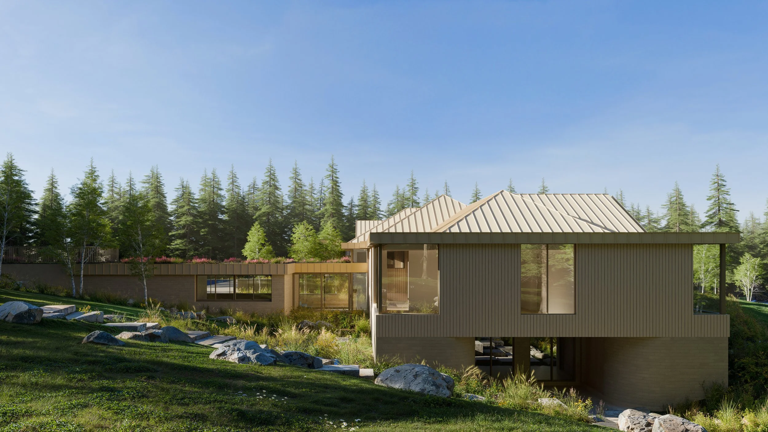 Modern home with a beige metal roof, large windows, and wooden siding, surrounded by green grass, rocks, and trees under a clear blue sky.