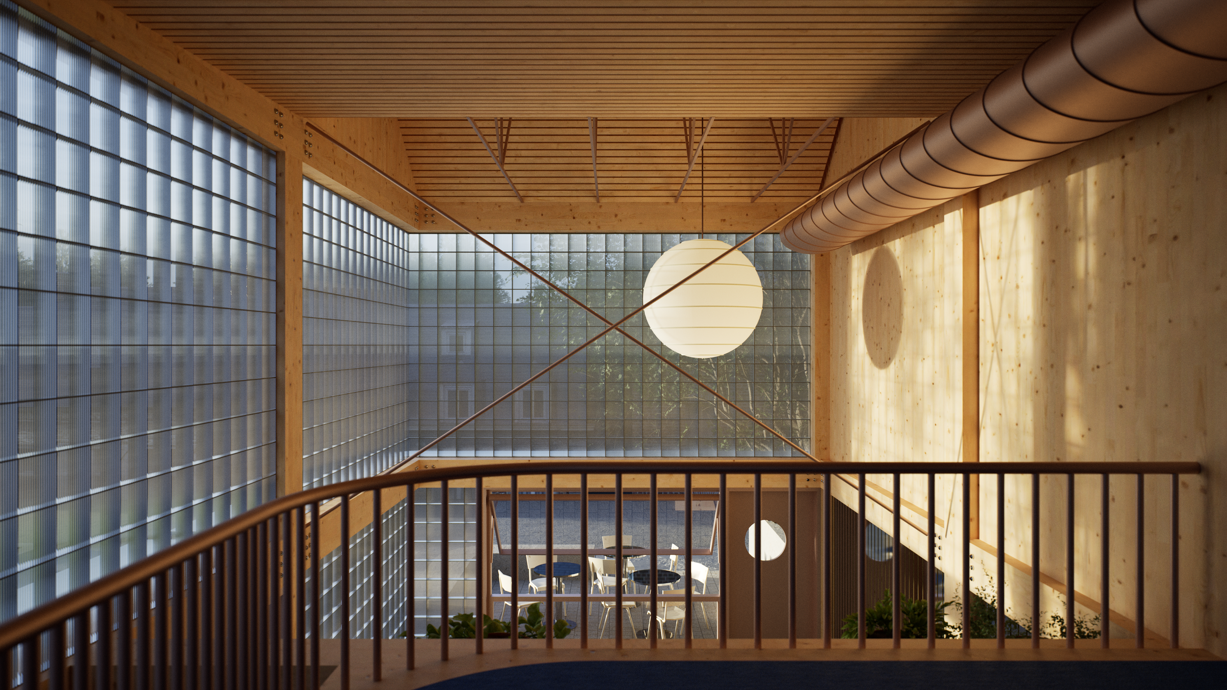 Interior view of a modern building's staircase area, featuring wooden walls, a large round paper lantern ceiling light, and a wall made entirely of glass blocks allowing natural light to fill the space.