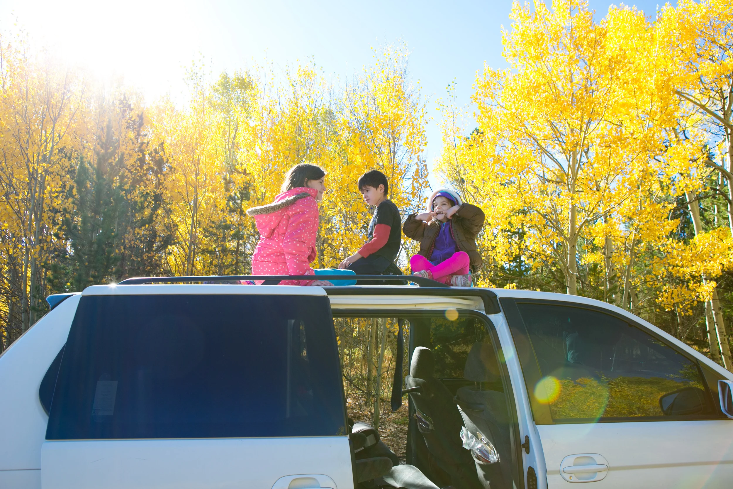 Kids on top of vans in Aspen forrest