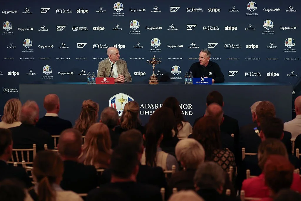 A general view as Jim Furyk, Team USA Captain, and Luke Donald, Team Europe Captain, speak during the Ryder Cup 2027 Year to Go Press Conference at Adare Manor on October 06, 2026 in Limerick, Ireland. (Photo by Andrew Redington/Getty Images