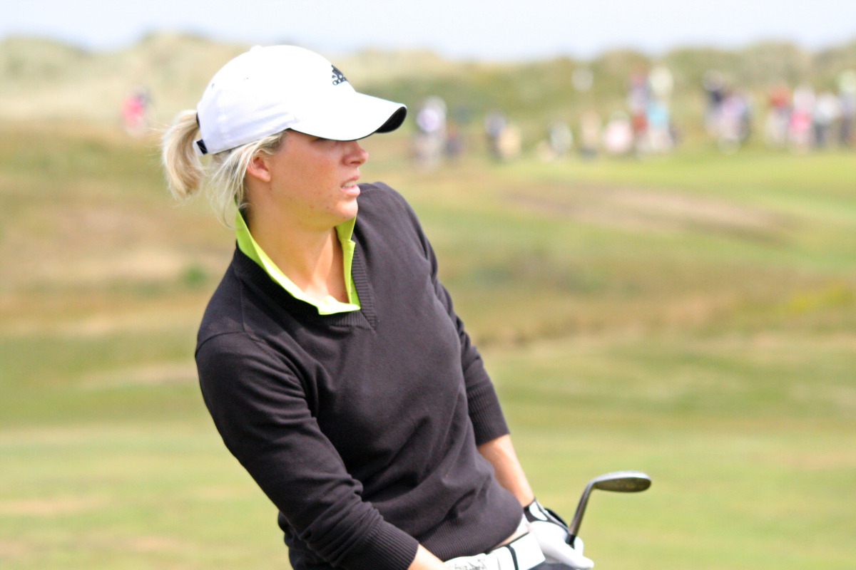 Melissa Reid watches a well hit shot at Portmarnock Links
