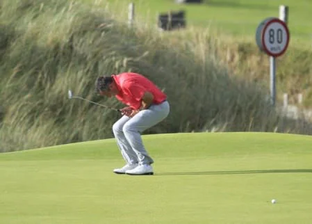 Agony for Pat Murray as a putt slips by on the 12th in the fourth round of the South of Ireland Championship. Picture: Thos Caffrey / www.golffile.ie