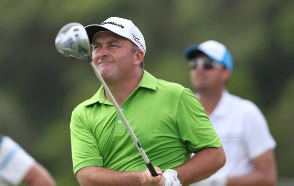 Green machine. Damien McGrane looks intently at the flight of a drive in round two at East London. Picture: David Lloyd / www.golffile.ie
