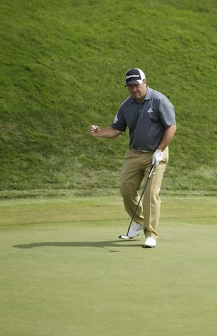 Damien McGrane birdies the 14th to get back to level par. Picture: Thos Caffrey / www.golffile.ie