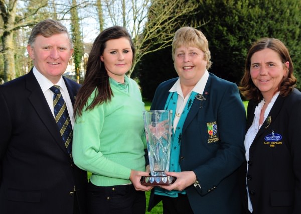 Mary McKenna (President Irish Ladies Golf Union) presenting Olivia Mehaffey (Royal County Down Ladies) with the 2014 Irish Under 18 Girls Open Strokeplay Championship trophy after her victory at Roganstown Golf Club today (Sunday 6th April). Also in the picture are Gerard McNally (Captain, Roganstown GC) and Brenda Craig (Lady Captain, Roganstown GC). Picture by Pat Cashman www.cashmanphotography.ie