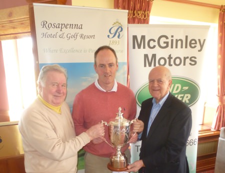2014 Rosapenna Senior Scratch Cup winner Eddie McCormack with sponsor Noel McGinley (right) and Rosapenna Captain Bernard O'Neill (left).