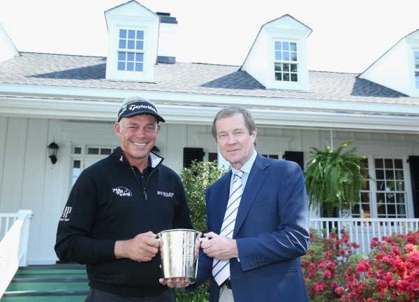 Photo Caption: George O'Grady, Chief Executive of The European Tour, presents Darren Clarke with an engraved Thomas Lyte ice-bucket to mark his 500th European Tour appearance at this week's Masters Tournament. ©Gettyimages
