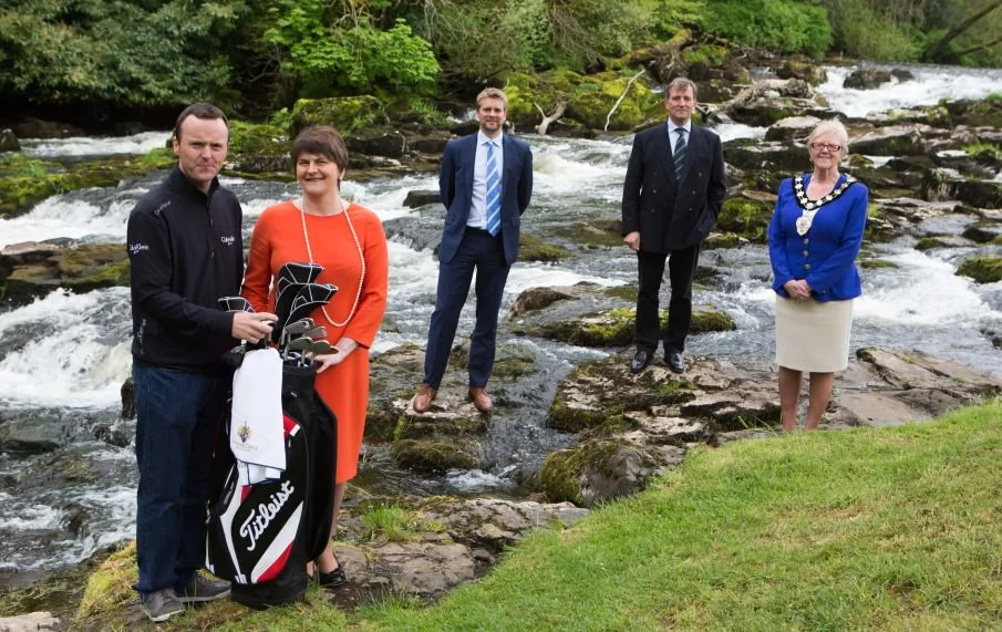 European Tour player and Tournament Ambassador Michael Hoey, Tourism Minister Arlene Foster, European Tour Commercial Director Mark Aspland, Galgorm Castle’s Christopher Brooke & Ballymena Lady Mayor Audrey Wales at the official launch of the NI Open at Galgorm Resort and Spa, Ballymena.