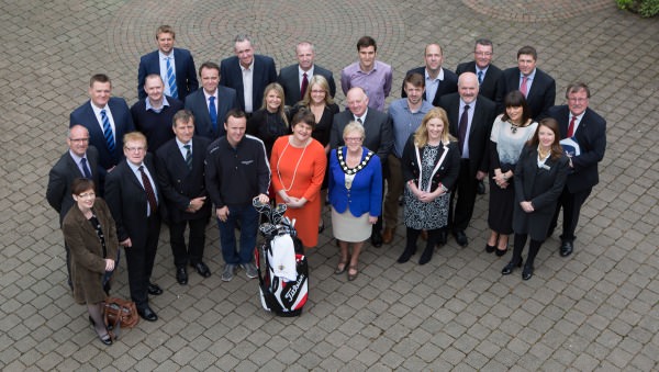 Tourism Minister Arlene Foster, European Tour player and Tournament Ambassador Michael Hoey, Ballymena Lady Mayor Audrey Wales and event sponsors at the launch