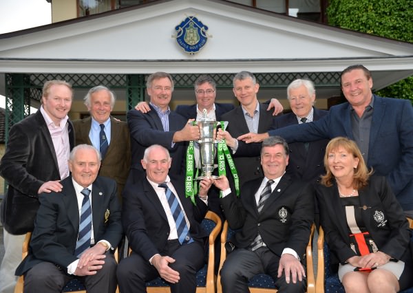 Brian Nevin (Captain, Castle Golf Club) with Blanaid Nally (Lady Captain, Castle Golf Club) and Jim Bradley (President, Castle Golf Club) celebrate Ireland winning the 2014 RBS Six Nations Rugby Championship with Michael Kearney (Manager, Irish Rugby Team) and club members who are former Irish Rugby Internationals at back (from left) Niall Hogan, Jimmy Kelly, Des Fitzgerald, Vinny Cunningham, Ciaran Clarke, Kevin Flynn and Frank Ennis. Picture by Pat Cashman cashmanphotography.ie