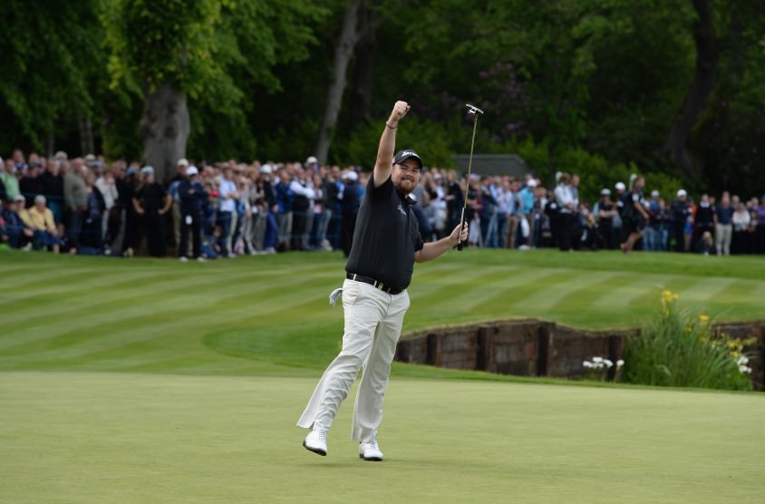 Shane Lowry celebrates his monster birdie putt on the 18th. Picture, courtesy www.bmw-golfsport.com , by Ross Kinnaird/Getty Images