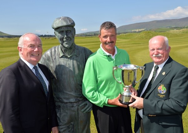Liam Martin (rPresident, Golfing Union of Ireland) presenting Adrian Morrow (Portmarnock) with the 2014 Irish Seniors Amateur Open Championship trophy after his victory at Waterville Golf Club (30/05/2014) . Also in the picture is Ted Foley (Captain, Waterville Golf Club). Picture by Pat Cashman cashmanphotography.ie