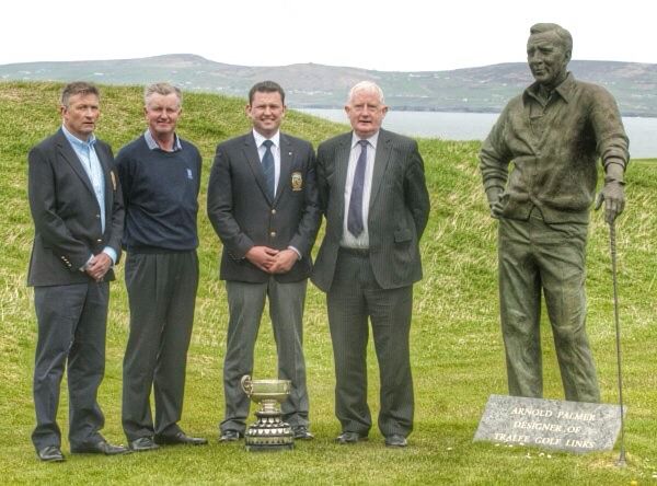 President Gerrard O'Sullivan , Richard Rafferty, Captain Alan Kelly and Frank Hayes of s ponsors Kerry Group plc beside the commemorative statue of Arnold Palmer at Tralee Golf Links to announce details of the 2014 Kerry Scratch Cup.