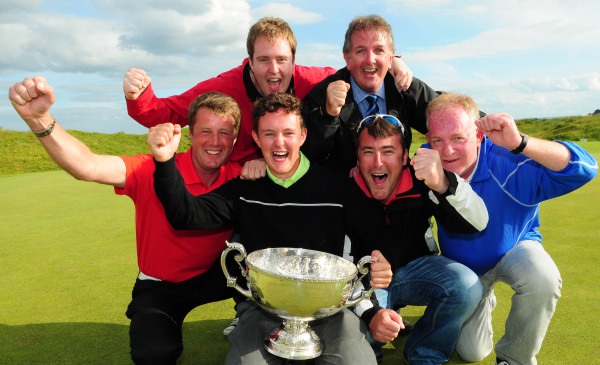 ohn Ross Galbraith (Whitehead) celebrates with fellow Whitehead Golf Club members (from left) Colin Farr (Club Professional), Darren Kane, Jeremy Jones, Chiz Parker and Terry Kane after his victory at the 2014 AIG sponsored Irish Amateur Close Golf Championship at Seapoint Golf Club today (11/06/2014). Picture by Pat Cashman www.cashmanphotography.ie