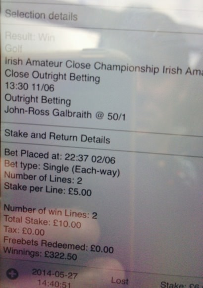 John-Ross Galbraith shows off the betting docket on his phone.