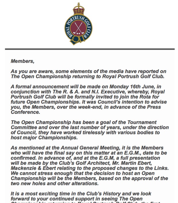 Royal Portrush has written to the membership. (Click to expand)