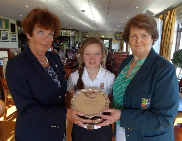 Bernadette McTeague (ILGU, Board Member) presenting Valerie Clancy (Killarney) with the Ita Wallace Trophy (Plate) after her victory at the 2014 Irish Ladies Close Championship at Enniscrone Golf Club today (16/06/2014). Also in the picture is Marguriete Murphy (Lady Captain, Enniscrone Golf Club). Picture by Pat Cashman cashmanphotography.ie