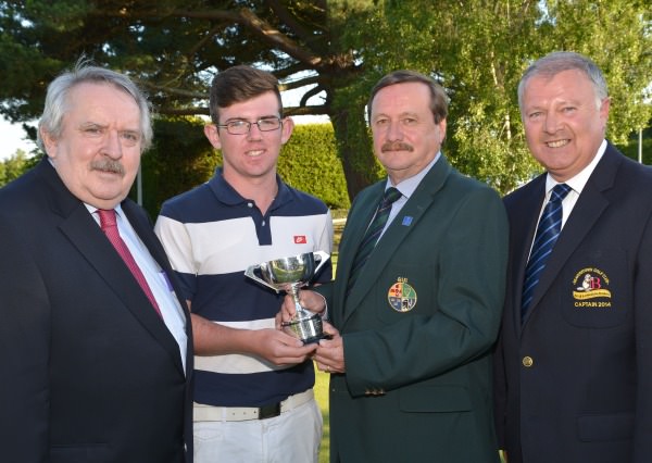 Kevin McIntyre (Chairman, Leinster Golf, GUI) presenting Cameron Raymond (Newlands) with the Multi Cargo Ltd (Dublin Airport) sponsored Leinster Boys' Under 15 Open Championship trophy. Also pictured: Pat MacCallion (Sponsor) and Brian Lennon (Captain, Beaverstown Golf Club). Picture by Pat Cashman www.cashmanphotography.ie