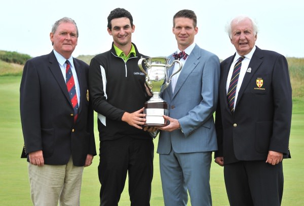Holder Chris Selfridge (Moyola Park) with the 2013 Captain of Royal Portrush Golf Club, Bobby Clark, Andrew Spence of sponsors Cathedral Eye Clinic and the Ulster Branch Chairman Peter Sinclair