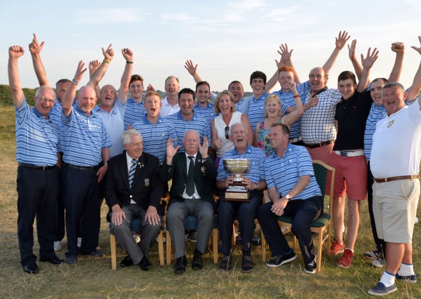 Liam Martin (President, Golfing Union of Ireland) pictured with the victorious Munster Team and supporters after their victory in the Interprovincial Matches at Island Golf Club today (24/07/2014). Picture by Pat Cashman