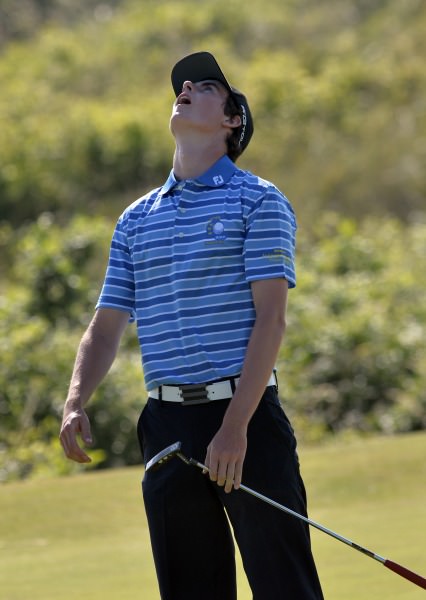 Gary Hurley (Munster) reacts to his missed birdie putt on the 13th green during the Interprovincial Matches at Island Golf Club today (24/07/2014). Picture by Pat Cashman