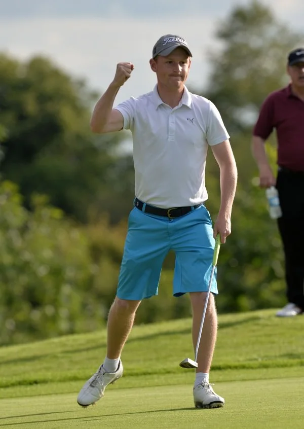 Geoff Lenehan (Portmarnock) shows his delight after holing the winning putt on the first extra hole in the Mullingar Electrical Scratch Cup at Mullingar Golf Club. (Monday 04/08/2014). Picture by Pat Cashman