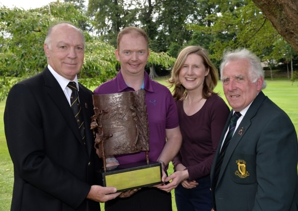 John Ferriter (Hon Secretary, Leinster Golf, GUI) presenting Simon Miskelly (Knock) with the 2014 Leinster Mid Amateur Open Championship trophy after his victory at the Grange Golf Club today (09/08/2014). Also in the picture are Tony Frew (Captain, Grange Golf Club) and Lynne Miskelly. Picture by Pat Cashman 