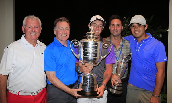 Gerry McIlroy, Michael Bannon, Rory McIlroy, Sean O'Flaherty and Harry Diamond with the Claret Jug and the Wanamaker Trophy at Valhalla Club, Louisville, Kentucky.: Picture Eoin Clarke, www.golffile.ie, 10th August 2014
