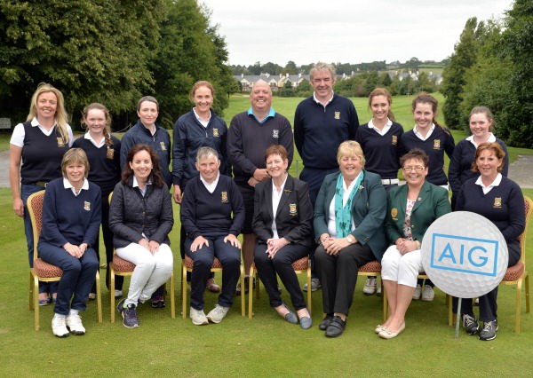 Mary McKenna (President, Irish Ladies Golf Union) pictured with Maureen Cullity (Lady Captain, Killarney Golf Club) beaten finalists in the 2014 AIG All Ireland Ladies Senior Cup at Mount Wolseley Country Club (16/08/2014). In front (from left) Mary Leacy, Claire Scanlon (Business Development Manager, AIG Ireland), Mary Geaney (Team Captain), Eilish Hanley (Lady Captain, Mount Wolseley Golf Club) and Ailish Mulcahy. At back (from left) Claire Keating, Valerie Clancy, Margaret Campion, Ann Rudden, Liam Healy (Assistant Manager), Dave Keating (Professional, Killarney Golf Club), Caitriona Griffin, Nicola Rainsford and Mairead Martin. Picture by Pat Cashman