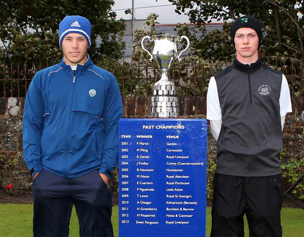 Sweden’s Oskar Bergqvist (left) and Rowan Lester from Hermitage pose with the Boys Amateur Championship trophy before the final.