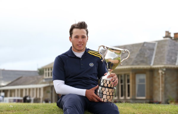 Oskar Bergqvist with the 2014 Boys Amateur Championship trophy. Picture via The R and A