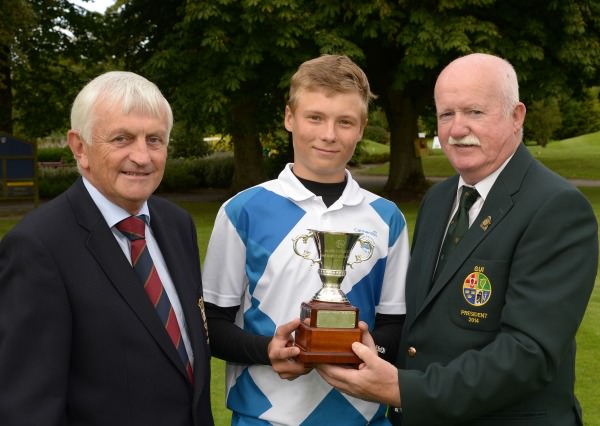 Liam Martin (President, Golfing Union of Ireland) presenting Perre Papunen (Finland) with the Irish Under 15 Boys Amateur Open Championship trophy after his victory at Castlewarden Golf Club (20/08/2014). Also in the picture is Bill Moran (Captain, Castlewarden Golf Club). Picture by Pat Cashman
