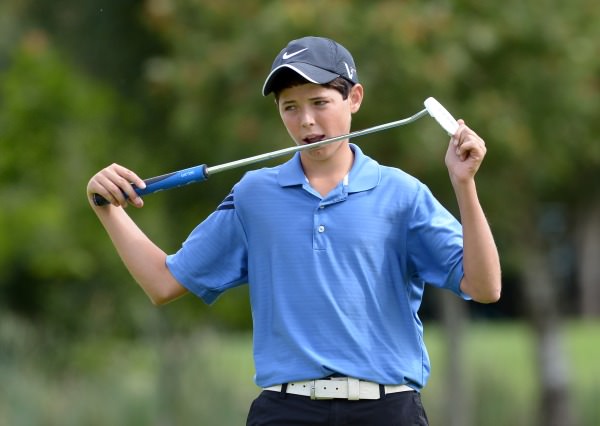 Richard Duggan (Kilkenny) reacts to a missed putt on the 3rd green during the Irish Under 15 Boys Amateur Open Championship final day at Castlewarden Golf Club. Picture by Pat Cashman