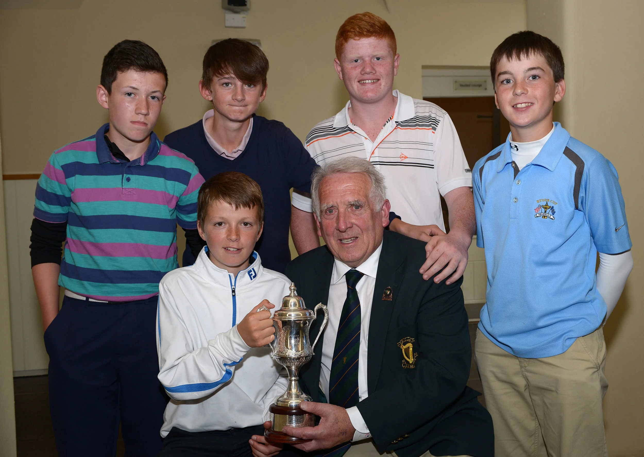 John Ferriter (Hon Secretary, Leinster Golf) presenting Ronan Cowhey (Elm Park) with the Titleist sponsored 2014 Leinster Boys Under 13 Series trophy after his victory at Carton House. .Also in the picture are fellow prizewinners (from left) Sean Downes (Beaverstown), Stephen Rennick (Royal Curragh), Josh Mackin (Dundalk) and Eoin O'Sullivan (Carton House). Picture by Pat Cashman