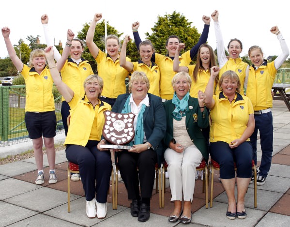 Leinster celebrate their win in the Girls Interprovincial Championship at Donaghadee Golf Club. Mary Culliton (Team Captain) receives the Shield from Mary McKenna (ILGU President. Also pictured with Eleanor Alcock (Lady Captain Donaghadee) and Liz Halpenny (Team Manager). Image by David Ross/Ulster Golf