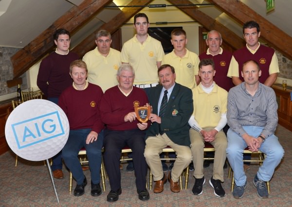 Kevin McIntyre (Chairman, Leinster Golf, GUI) presenting the runners up plaque to Brian O'Connor (Captain, Hermitage Golf Club) and Eoin Buckley (Team Captain, Hermitage Senior Cup Team) after the final of the 2014 AIG Leinster Senior Cup at Mount Juliet Golf Club today (24/08/2014). Also in front are Rowan Lester and Stephen Browne. At back (from left) Sean O'Connor, Alan Dowling, Padraig Turner, Declan Kelly, Paul Rodgers and Brian O'Connor. Picture by Pat Cashman