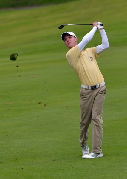 Rowan Lester (Hermitage) pitching to the 10th green in the 2014 AIG Leinster Senior Cup final at Mount Juliet Golf Club today (24/08/2014). Picture by Pat Cashman