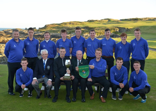 Liam Martin (President, Golfing Union of Ireland) pictured presenting Ger Nowlan (Captain, Carton House Golf Club) with the 2014 Fred Daly All Ireland trophy after their victory at Ardglass. Also in the picture in front (from left) Cian Hutchinson, Tony Mayes (Captain, Ardglass Golf Club), Brendan Boucher (Team Captain), Oisin Devereau and Marc Boucher. At back (from left) Paul Mullarkey (Team Manager), Enda Cahill, David Carey, Dean Cafferty, David Travers, Sean Walsh, Darragh Walsh, Bill Hannan and Mark Travers. Picture by Pat Cashman