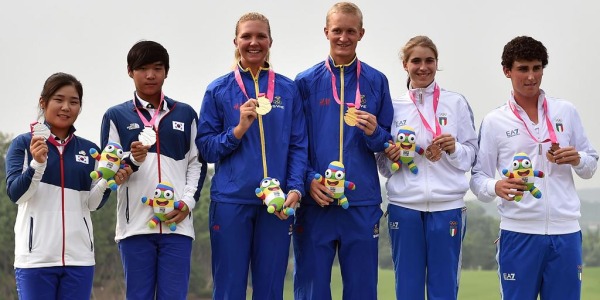 The medal winners in the in the Mixed Team event at the Nanjing 2014 Youth Olympics in China.