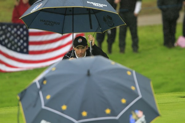 Padraig Harrington lines up his putt during day three of the 2010 Ryder Cup at the Celtic Manor. Picture Eoin Clarke/ www.golffile.ie