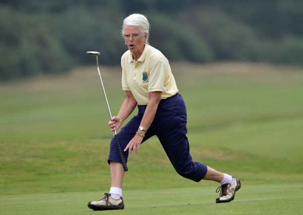 Betty Owens (Castlecomer) reacts to a missed putt on the 9th green during the final of the I Need Spain Irish Mixed Foursomes at Warrenpoint Golf Club 05/09/2014). Picture by Pat Cashman