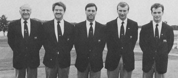 Eisenhower Trophy winners for GB&I — Garth McGimpsey (centre) and Eoghan O'Connell (far right) with Geoff Marks (captain), Peter MCEvoy and Jim Milligan in Sweden in 1988. 
