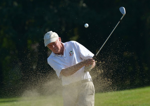 Bert Burke (Moate) playing from the bunker at the 18th to win the 2014 Leinster Veterans Amateur Open Championship at Athy Golf Club (10/09/2014). Picture by Pat Cashman