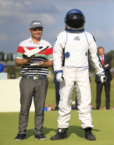 Andy Sullivan celebrates winning a trip into space. Picture: Thos Caffrey / www.golffile.ie
