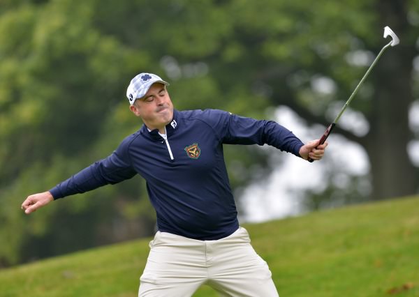 John Waldon (Muskerry) reacts to a holed putt on the 12th green in the semi final of the AIG Barton Shield at Carton House today (17/09/2014). Picture by Pat Cashman